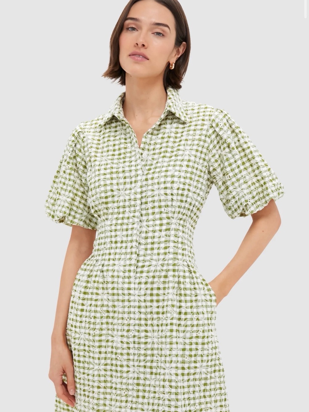 Tuckernuck Green and White Gingham Puff-Sleeve Shirt Dress